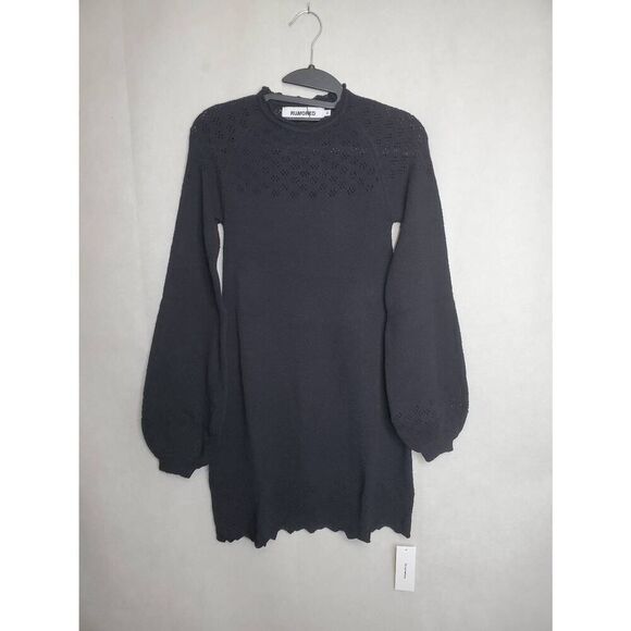 Rumored Vermont Balloon Sleeve High Neck Lettuce Hem Mini Sweater Dress in Black - Picture 3 of 8